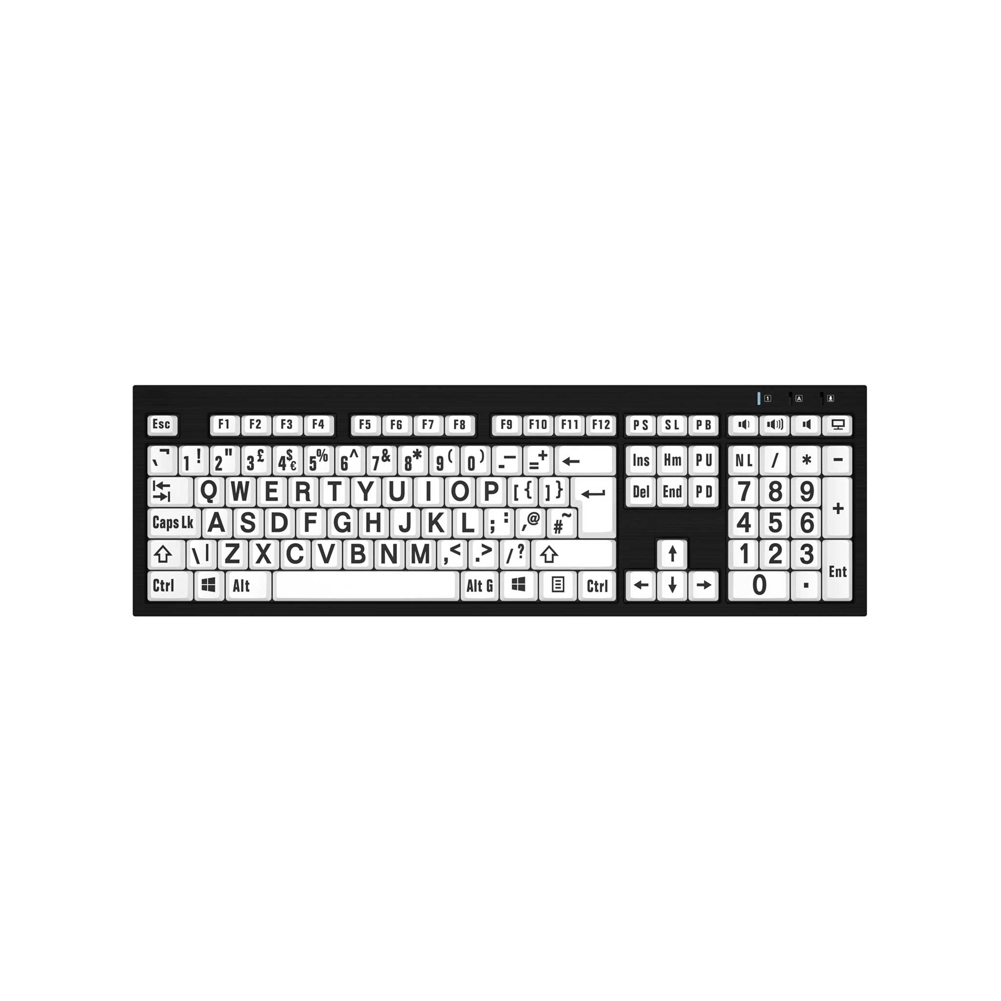 Overhead view of black text on white keyboard