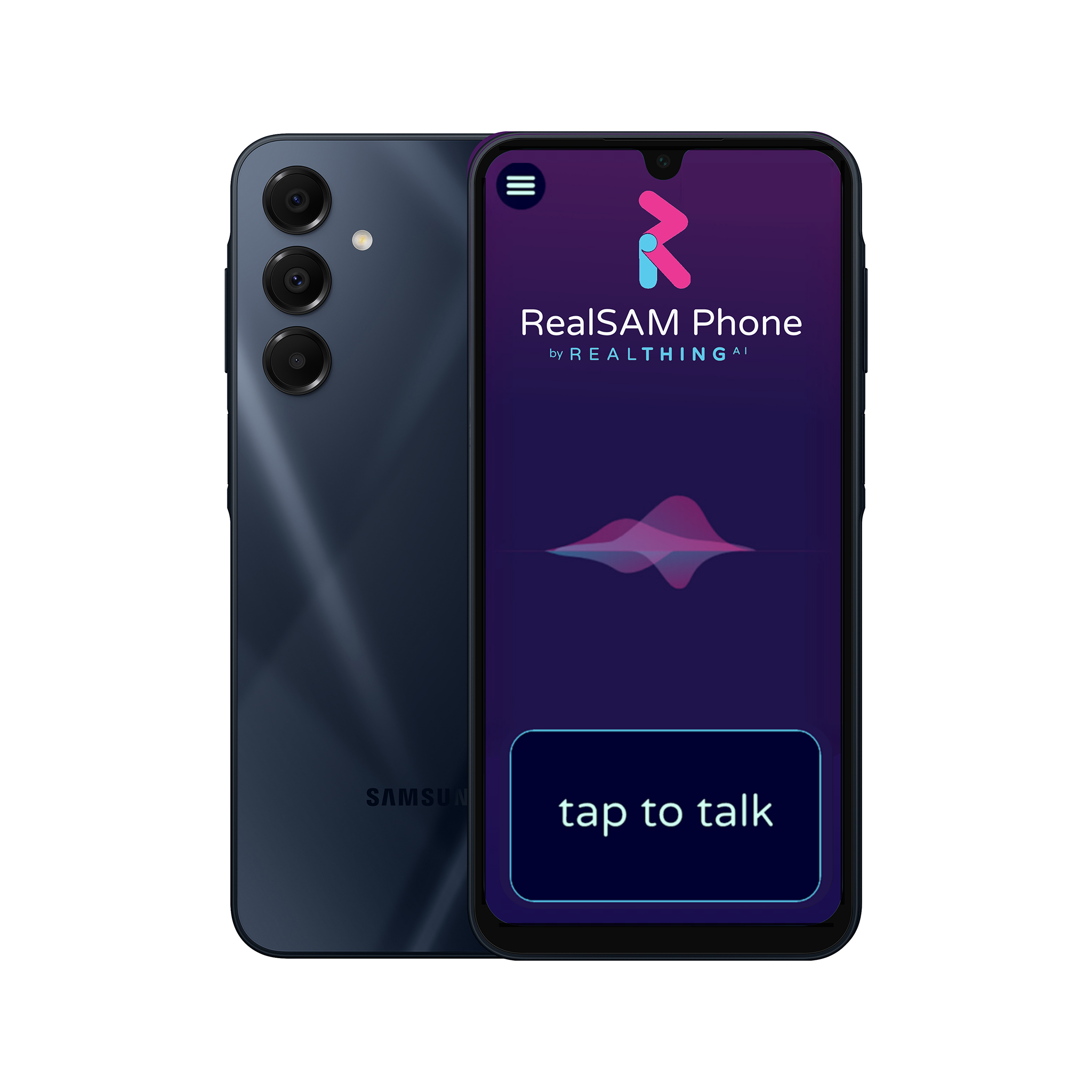 Phone with RealSAM Phone app interface on a white background, plus view of back of phone.