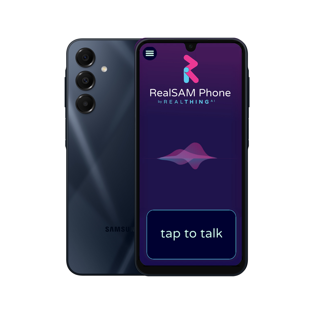 Phone with RealSAM Phone app interface on a white background, plus view of back of phone.