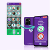 Smartphone with a purple app interface displaying contact names and icons, with a green app interface on the left.
