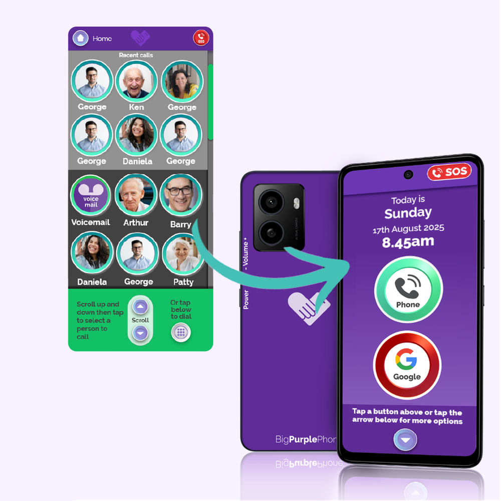 Smartphone with a purple app interface displaying contact names and icons, with a green app interface on the left.