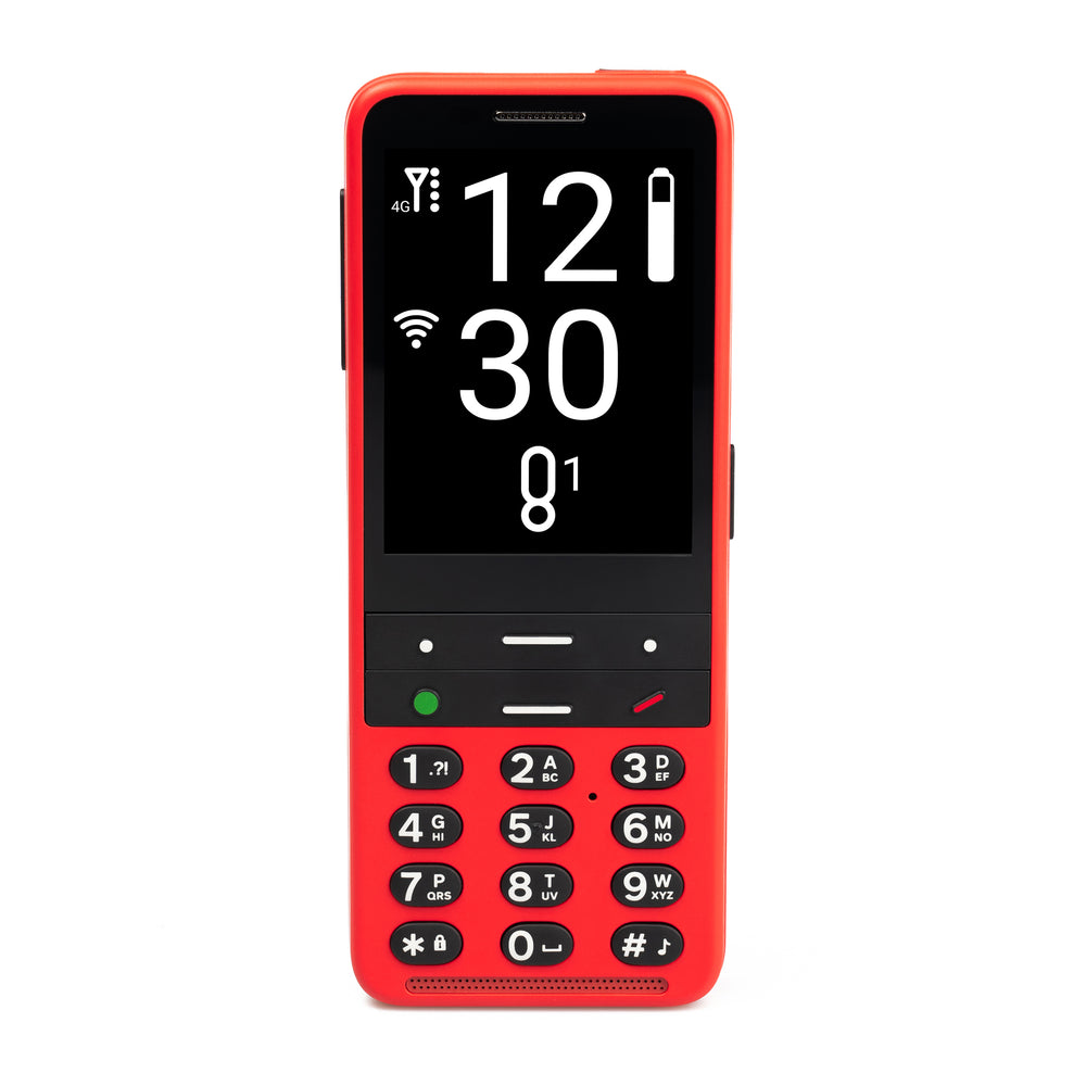 Face view of a red BlindShell Classic 2 phone