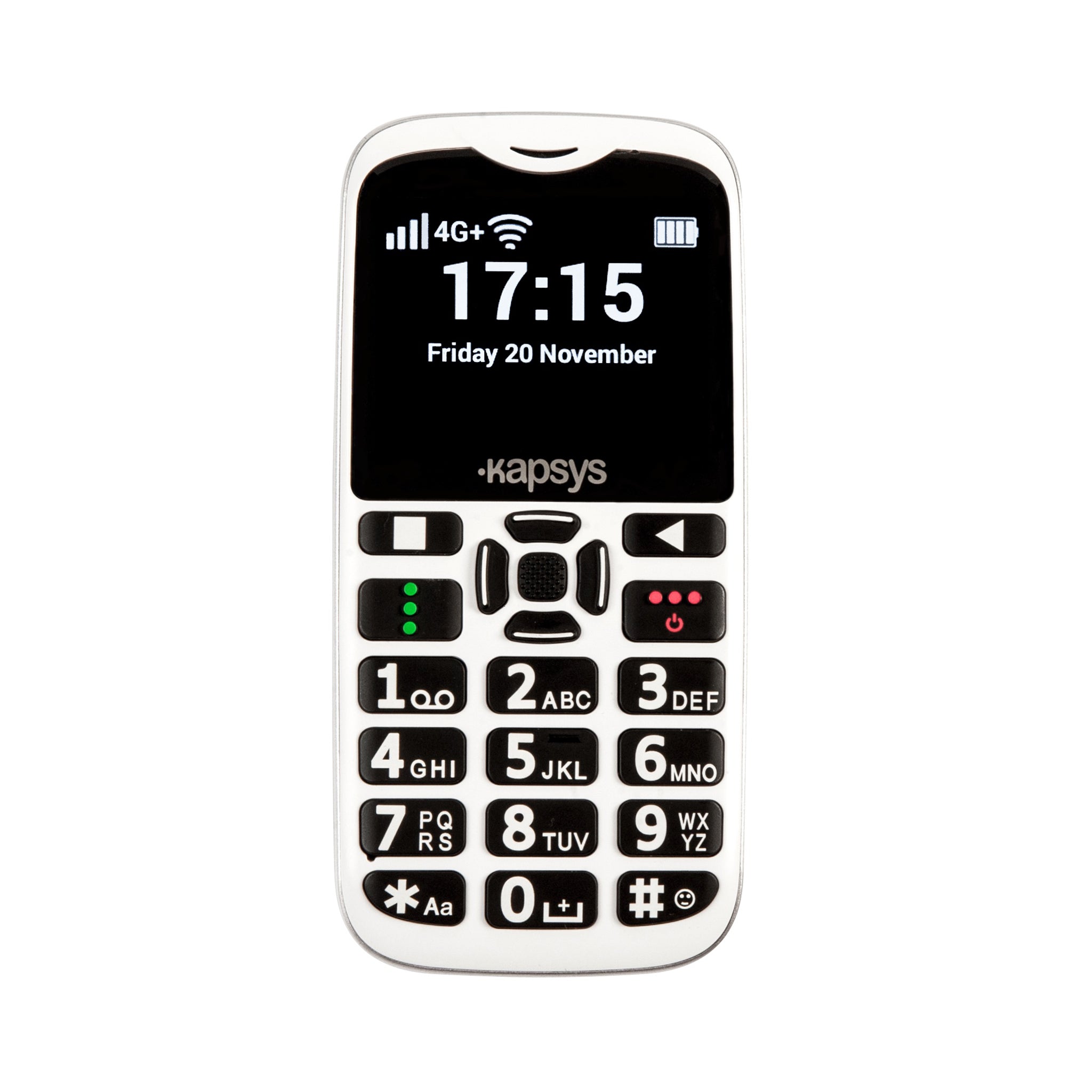 White mobile phone with black keys and easy-to-read display