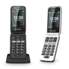 Two Emporia V227 Simplicity clamshell phones open to show screens and keypad. On the left is the white phone, which has a black interior. On the right is a black phone, which has a white interior.