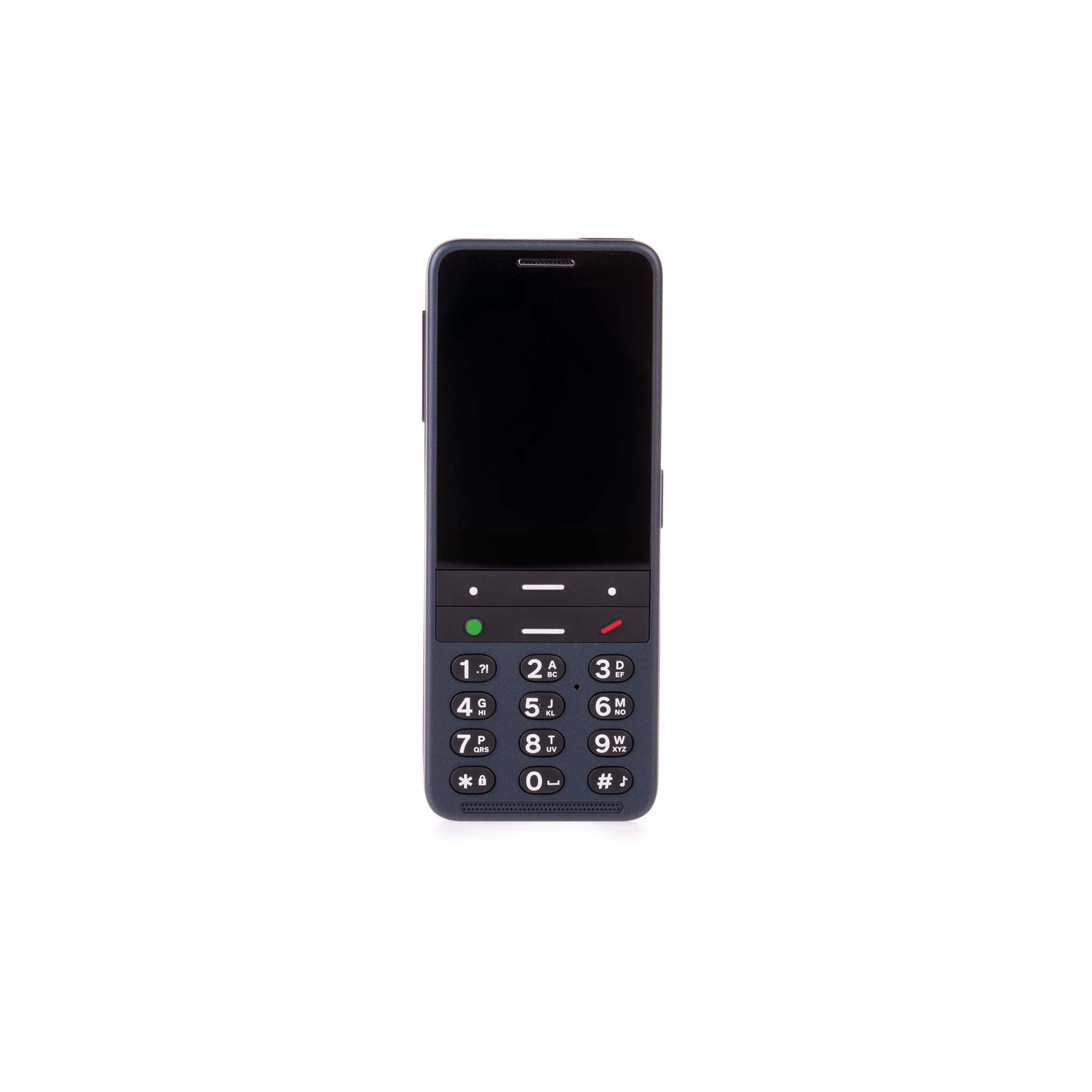 Image shows front of ocean blue phone on a white background