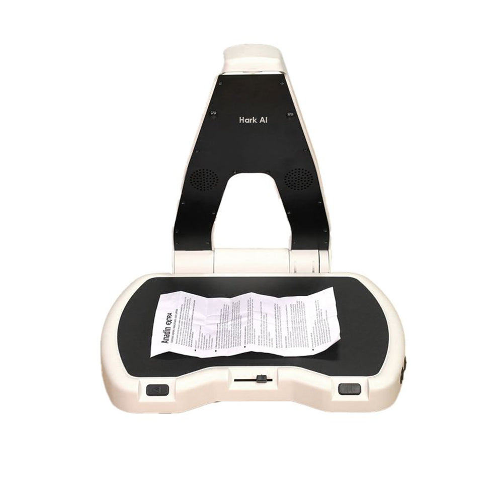 Front view of Hark AI reader with information from a packet of medicine ready to read