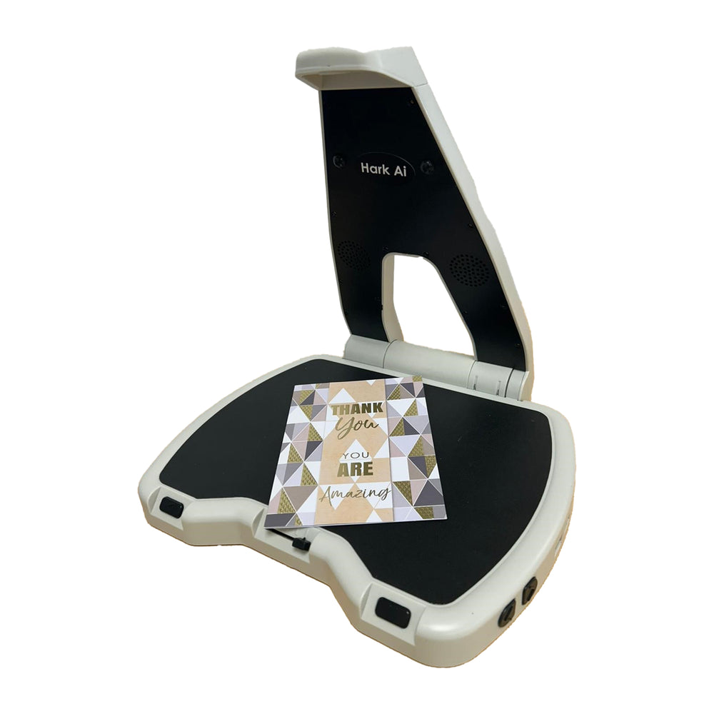 Angled view of Hark AI with a thank you card ready to read
