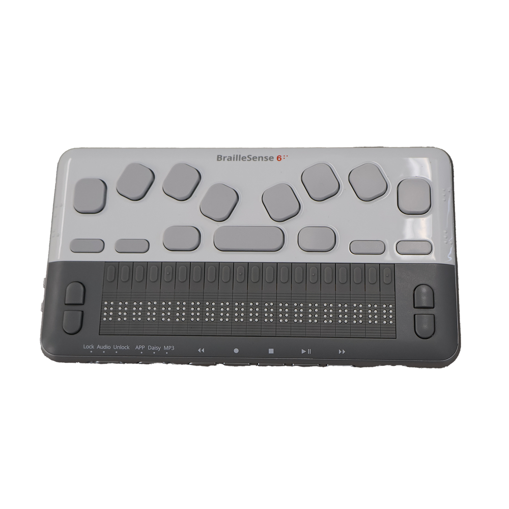 Grey BrailleSense6 mini notetaker viewed from above