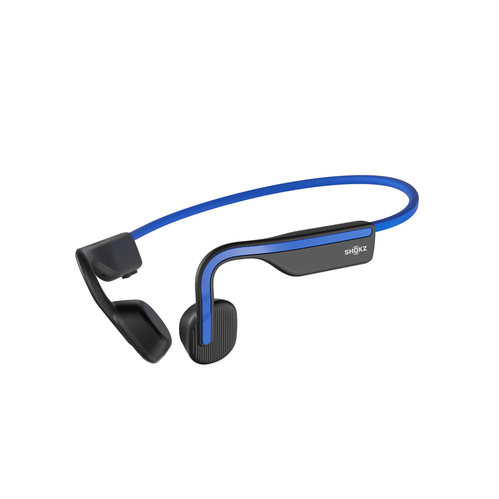 Side view of OpenMove Shokz in blue.