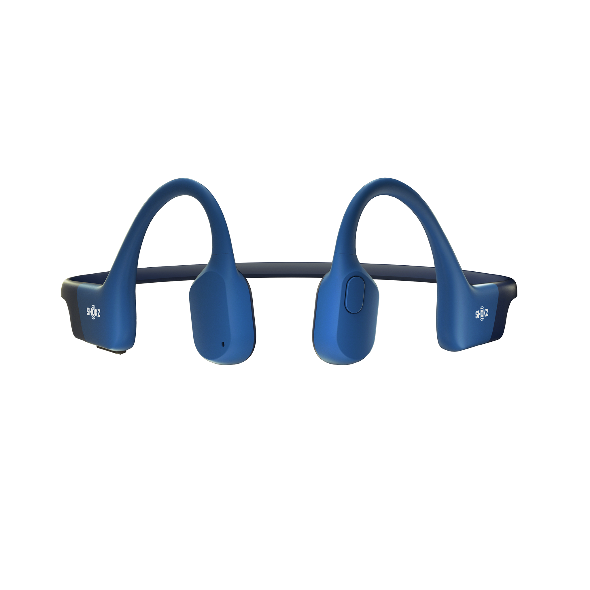 Front view of OpenRun Shokz blue.