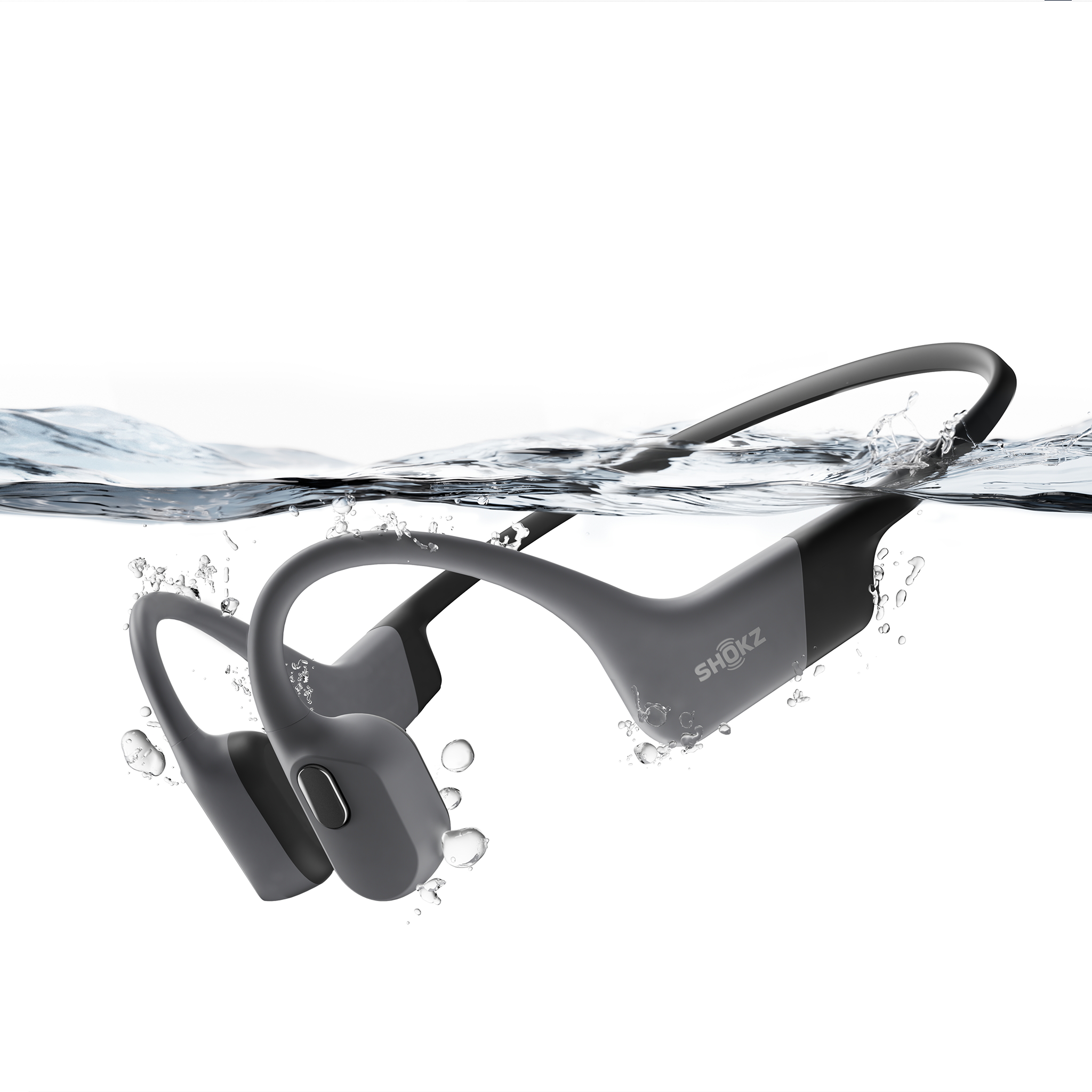 Side view of OpenSwim Shokz grey in water.