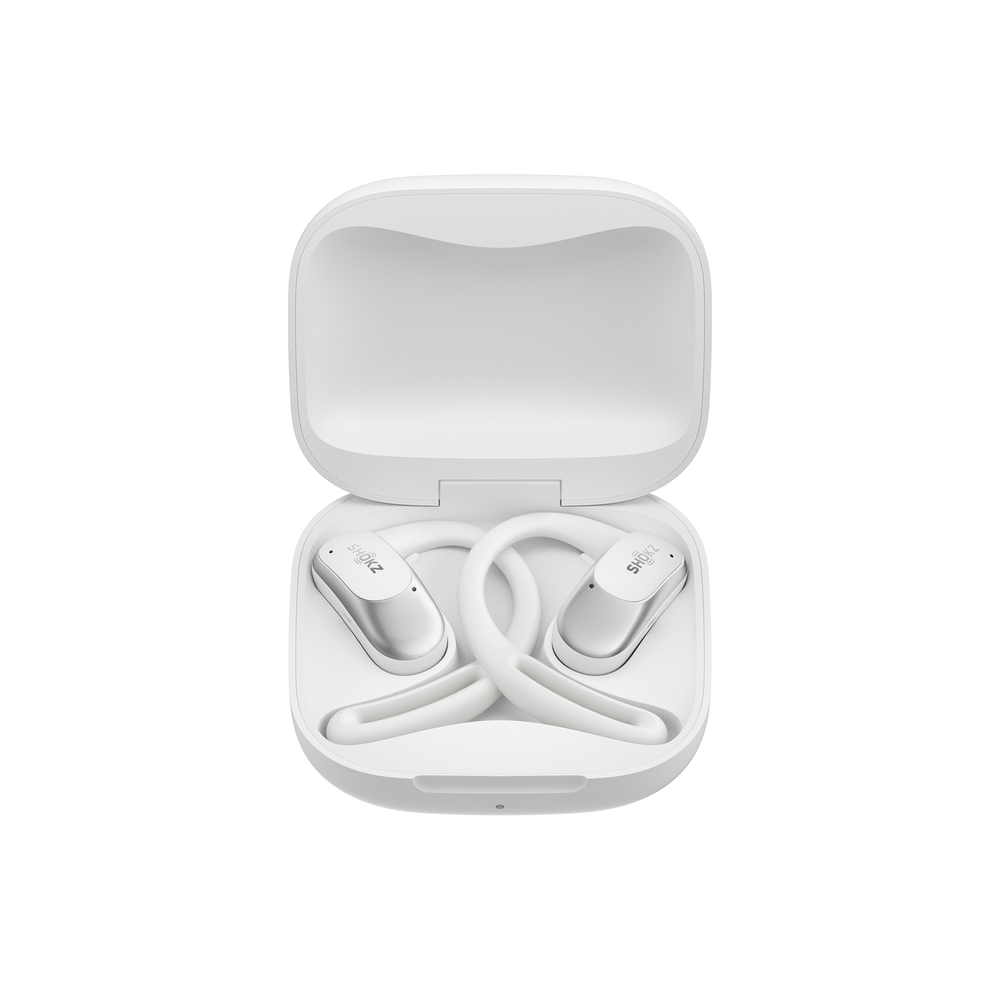 OpenFit AIR Shokz in white in a case against a white background.