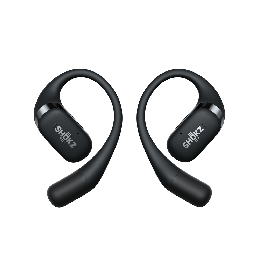OpenFit Shokz in black against a white background.