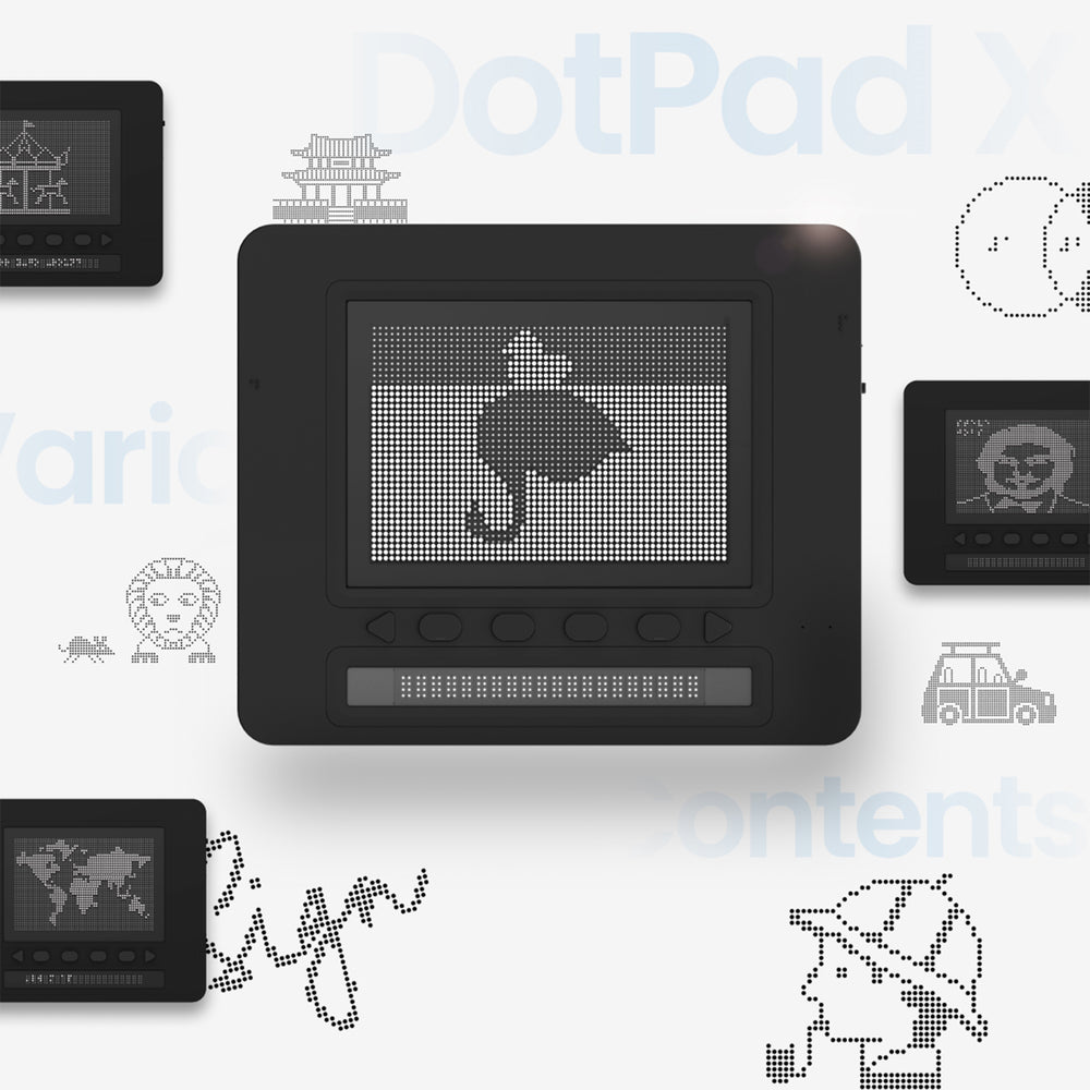 Several Dot Pad X devices showing tactile images on a background of images made from black dots