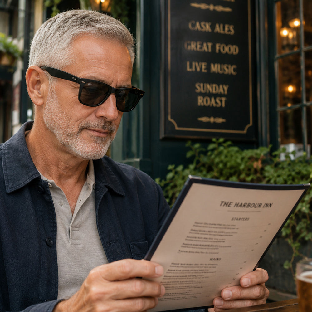 A man with gray hair and a beard wearing black sunglasses and a navy blue shirt, reading a restaurant menu at 'The Harbour Inn'.