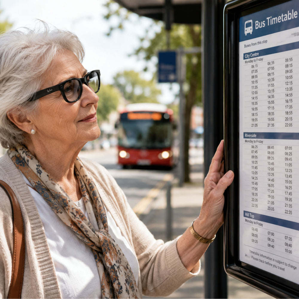 An older woman with white hair and black glasses looks at a digital bus timetable display at a bus stop, with a red bus visible in the background.