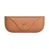 A tan pebbled leather Ray-Ban glasses case with a flap closure and a small green button, shown on a plain white background.
