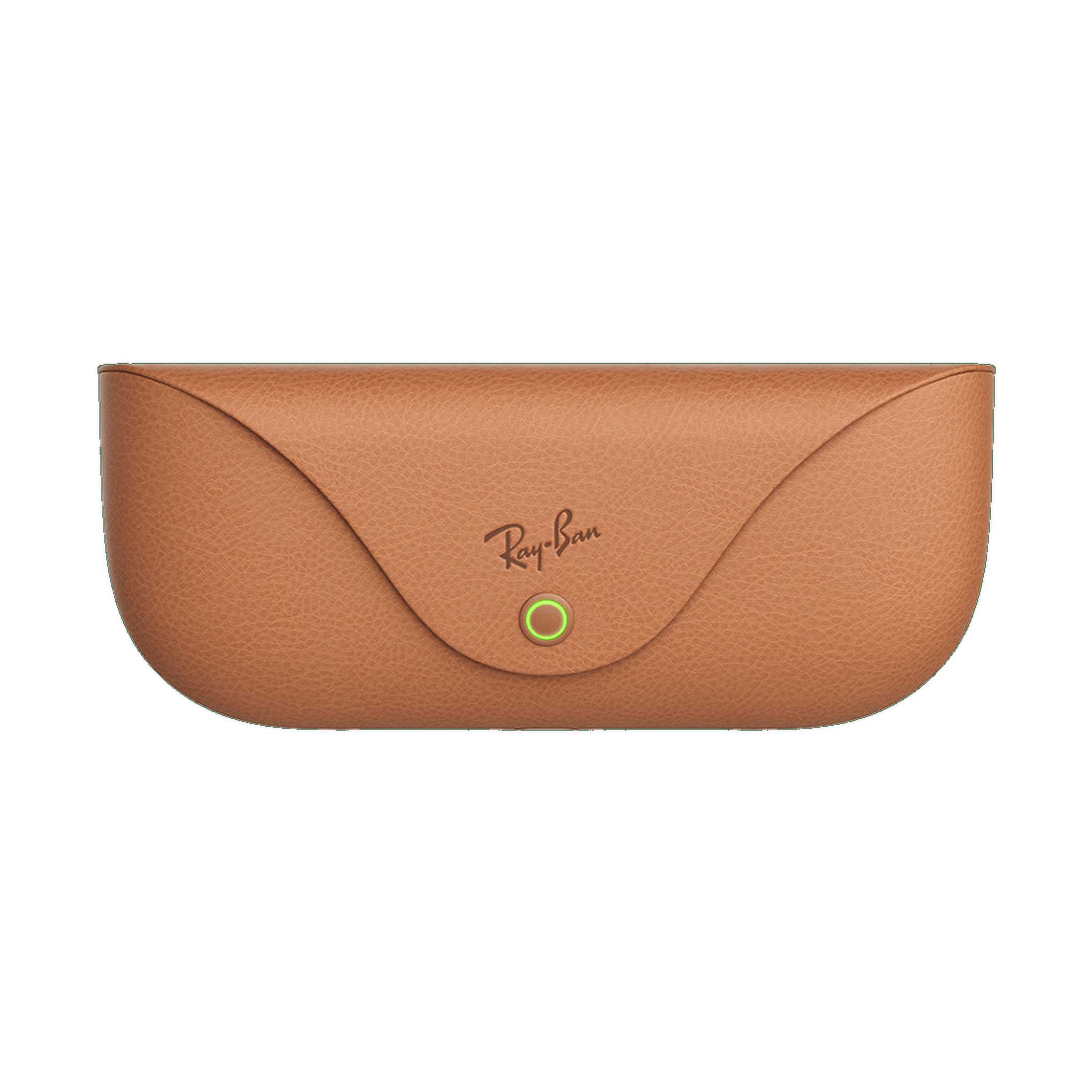 A tan pebbled leather Ray-Ban glasses case with a flap closure and a small green button, shown on a plain white background.