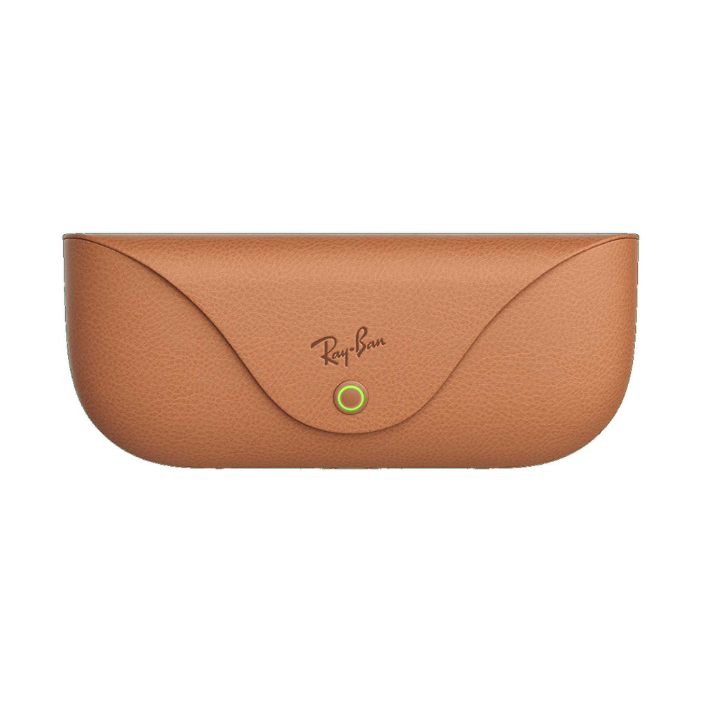 A tan pebbled leather Ray-Ban glasses case with a flap closure and a small green button, shown on a plain white background.