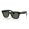 Shiny black Wayfarer Ray-Ban frames with green tinted sun lenses on a white background
