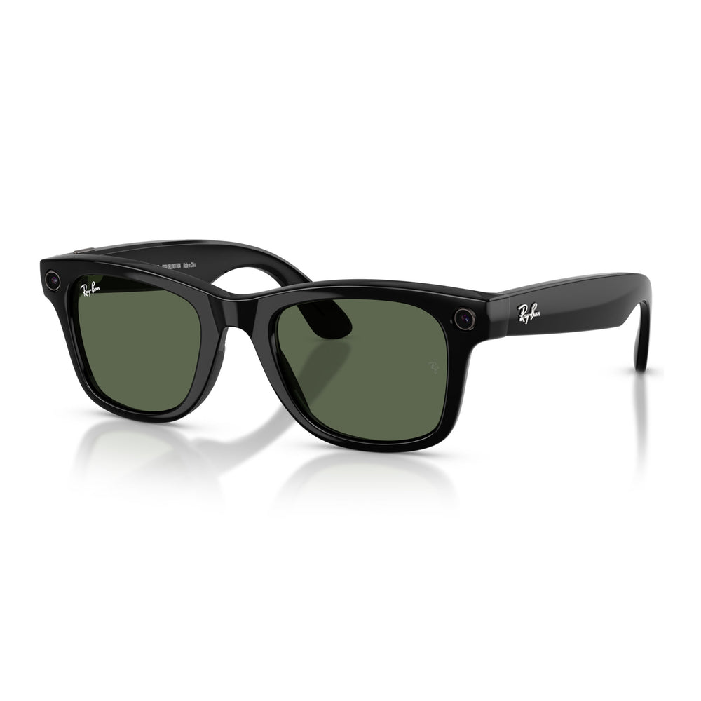 Shiny black Wayfarer Ray-Ban frames with green tinted sun lenses on a white background