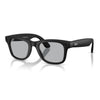 Matte black Wayfarer Ray-Ban Meta glasses with grey tinted transition lenses on a white background