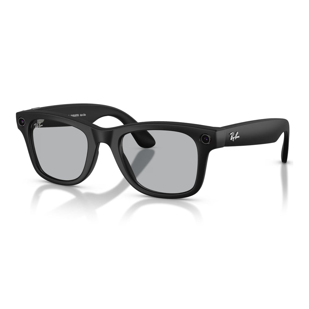 Matte black Wayfarer Ray-Ban Meta glasses with grey tinted transition lenses on a white background