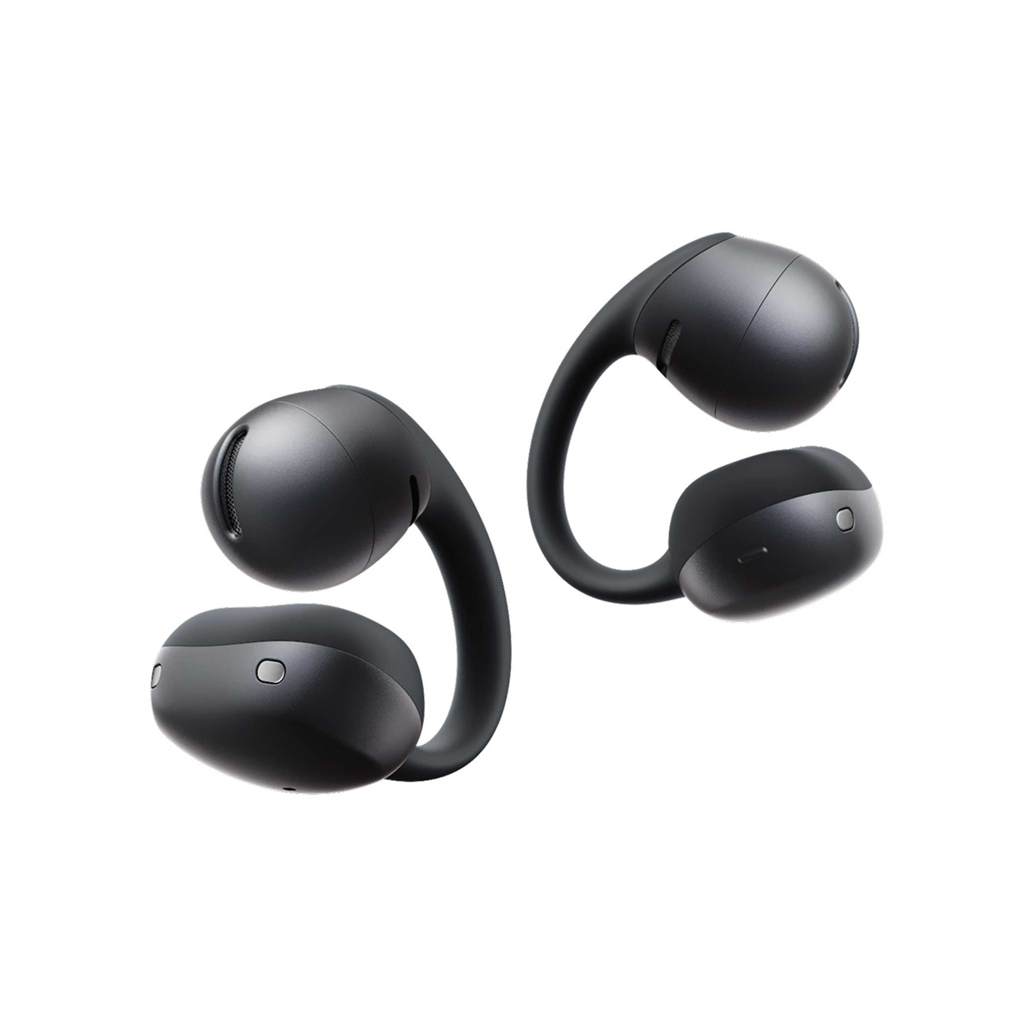 Black wireless earbuds on a white background