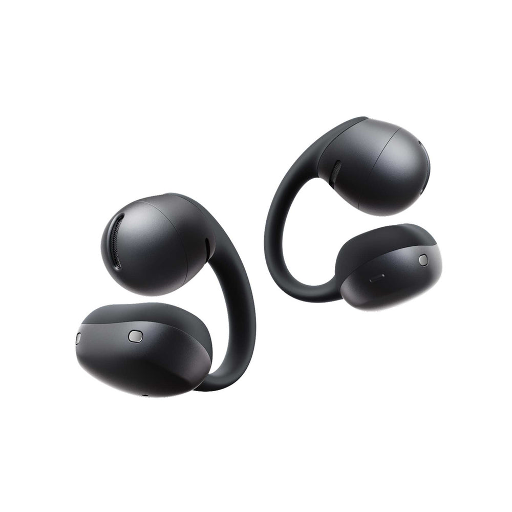Black wireless earbuds on a white background