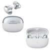 White and grey Shokz true wireless earbuds shown with their open charging case on a clean white background.