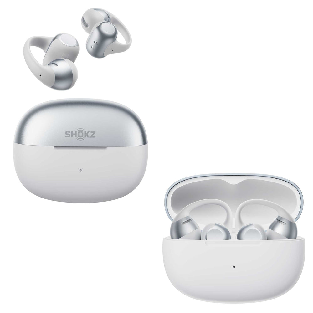 White and grey Shokz true wireless earbuds shown with their open charging case on a clean white background.