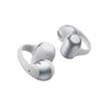 Pair of grey wireless earbuds on a white background