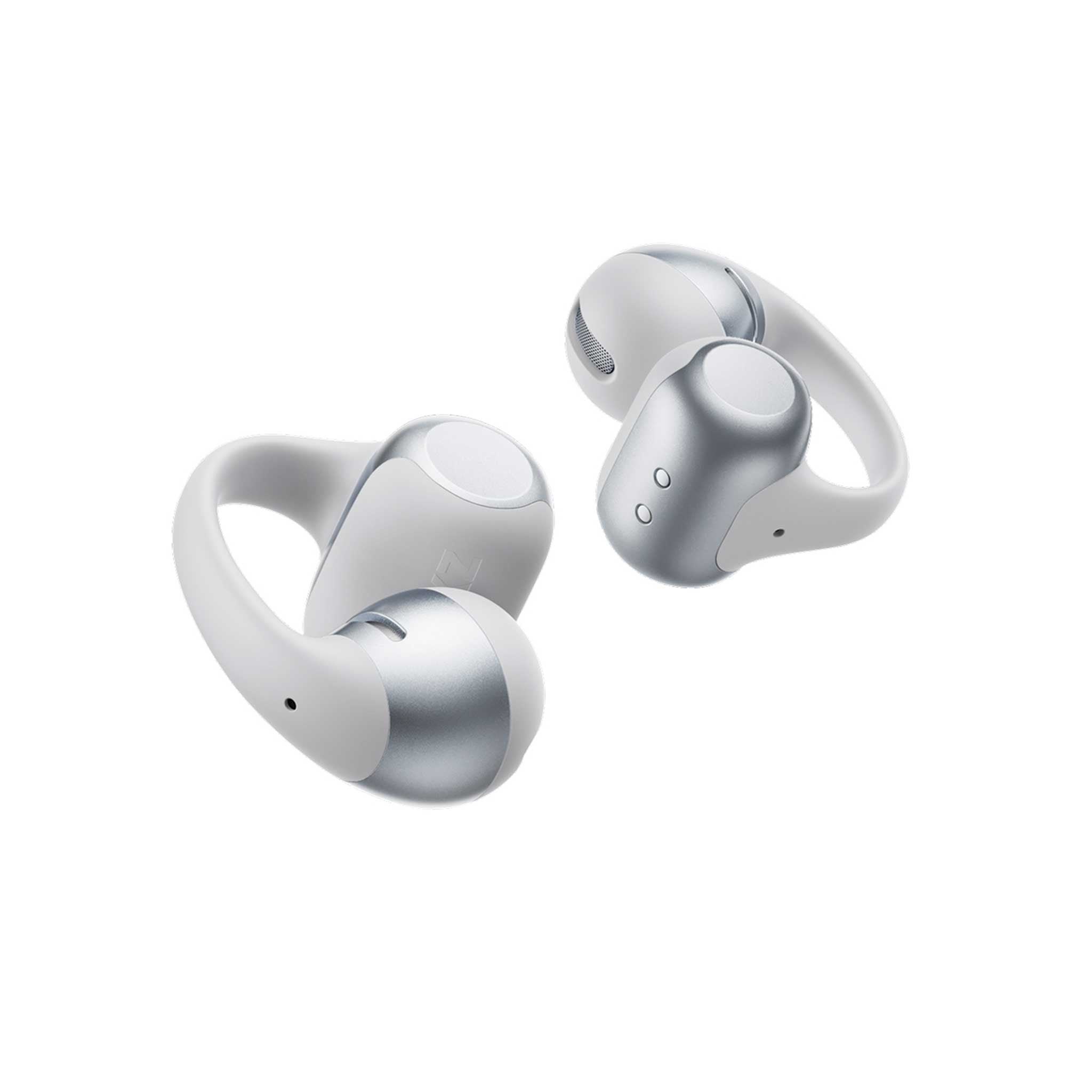 Pair of grey wireless earbuds on a white background