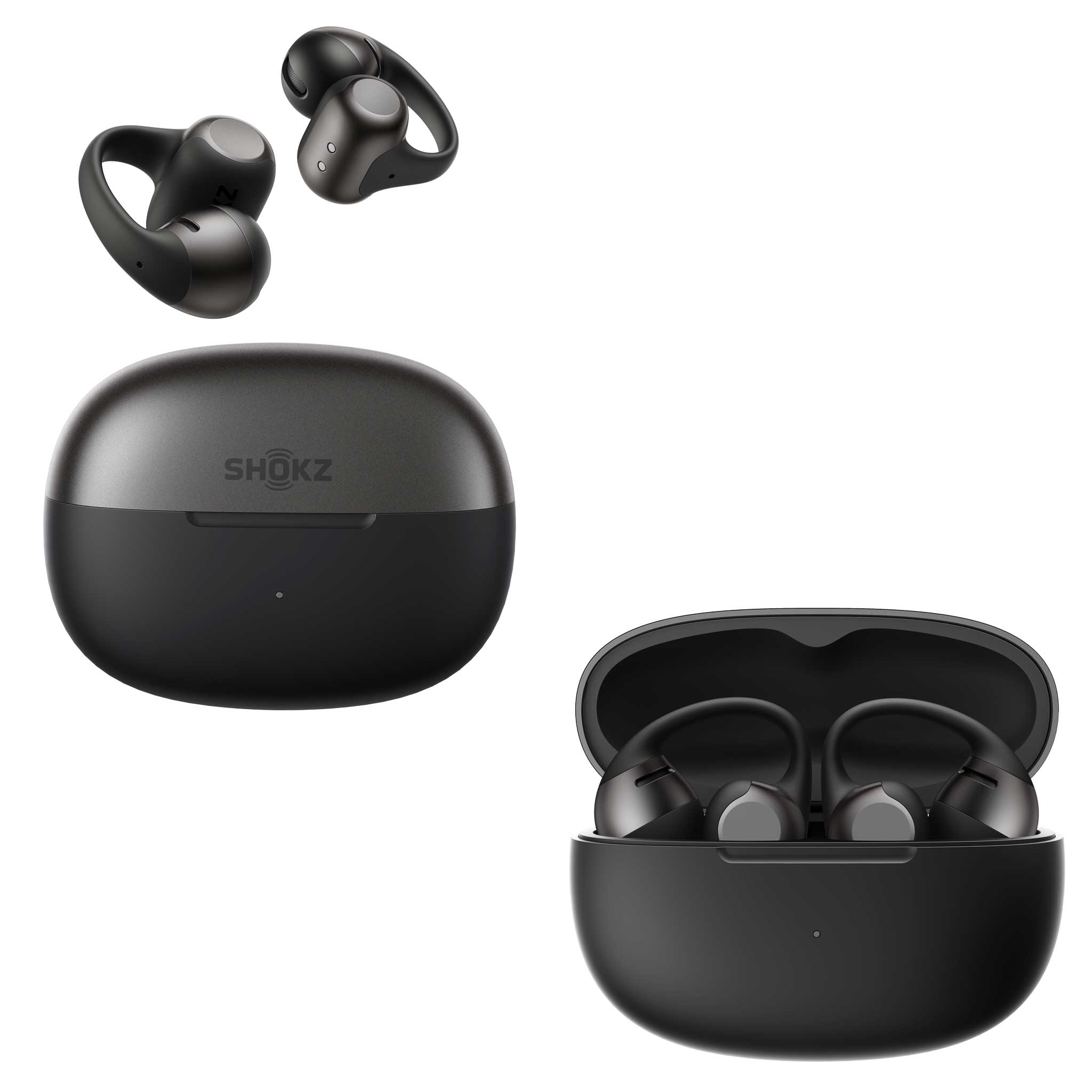 Black wireless earbuds shown with their open charging case on a white background. One earbud pair is floating above a closed case labeled SHOKZ, and another open case with earbuds sits below.