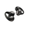 Black wireless earbuds on a white background