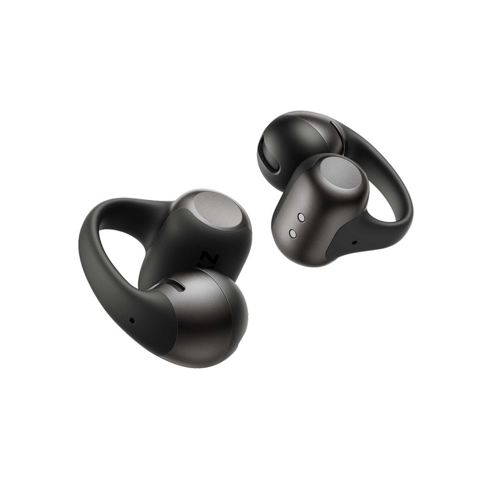 Black wireless earbuds on a white background
