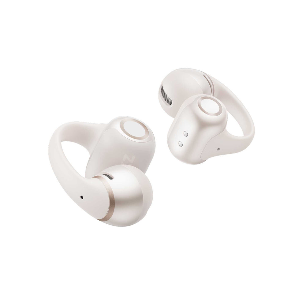 White wireless earbuds on a white background