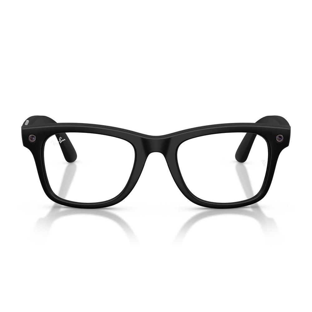 Black smart glasses with a matte finish and clear lenses, displayed on a clean white background with a subtle reflection.