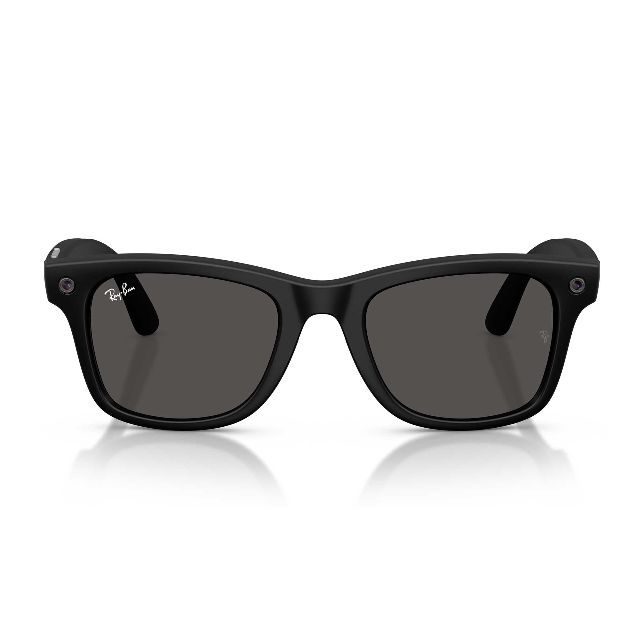 Black Ray-Ban Wayfarer-style sunglasses with dark gray lenses, shown from the front on a white background with a soft reflection below.