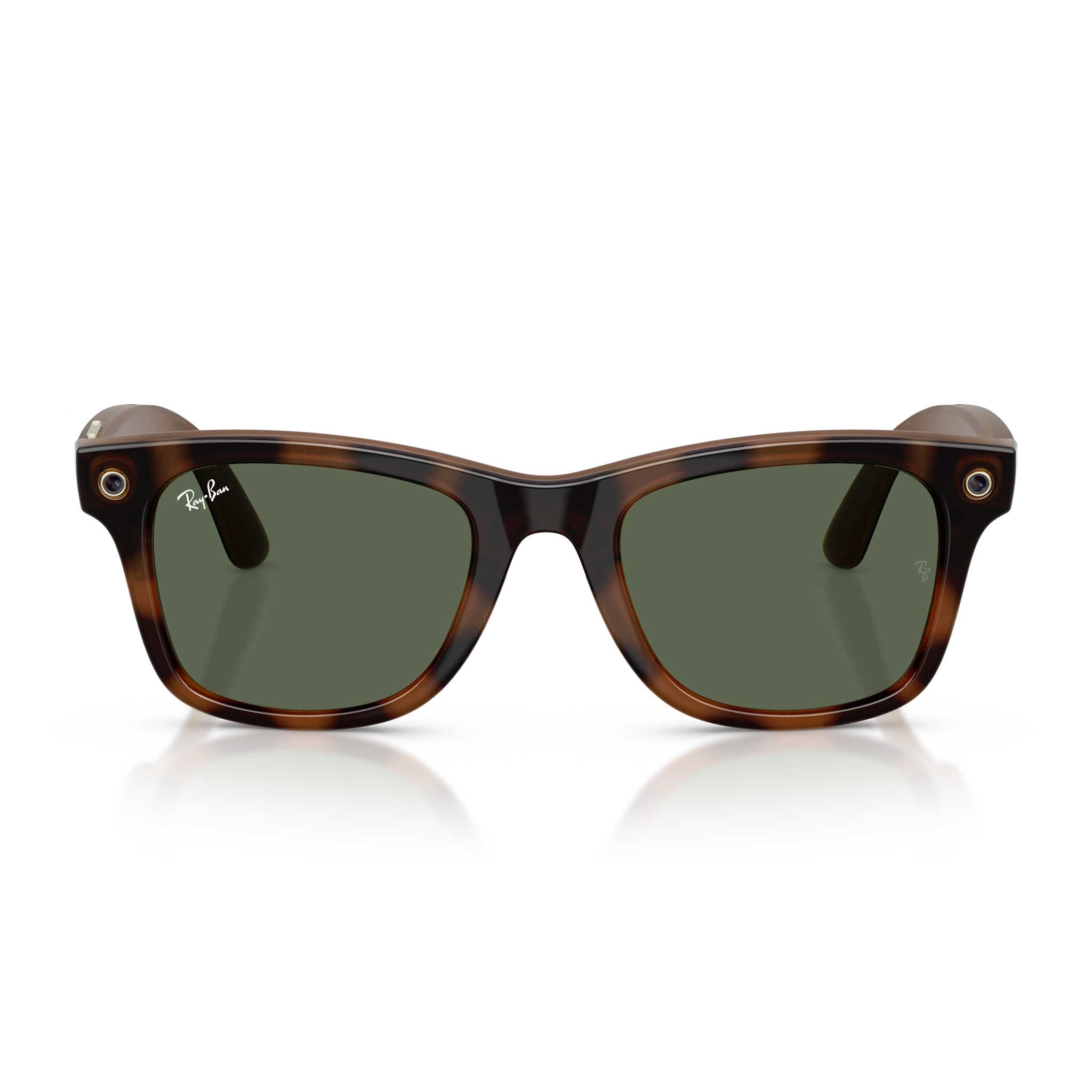 Ray-Ban Wayfarer-style sunglasses with a dark tortoiseshell frame and dark green lenses, shown against a clean white background with a subtle reflection.