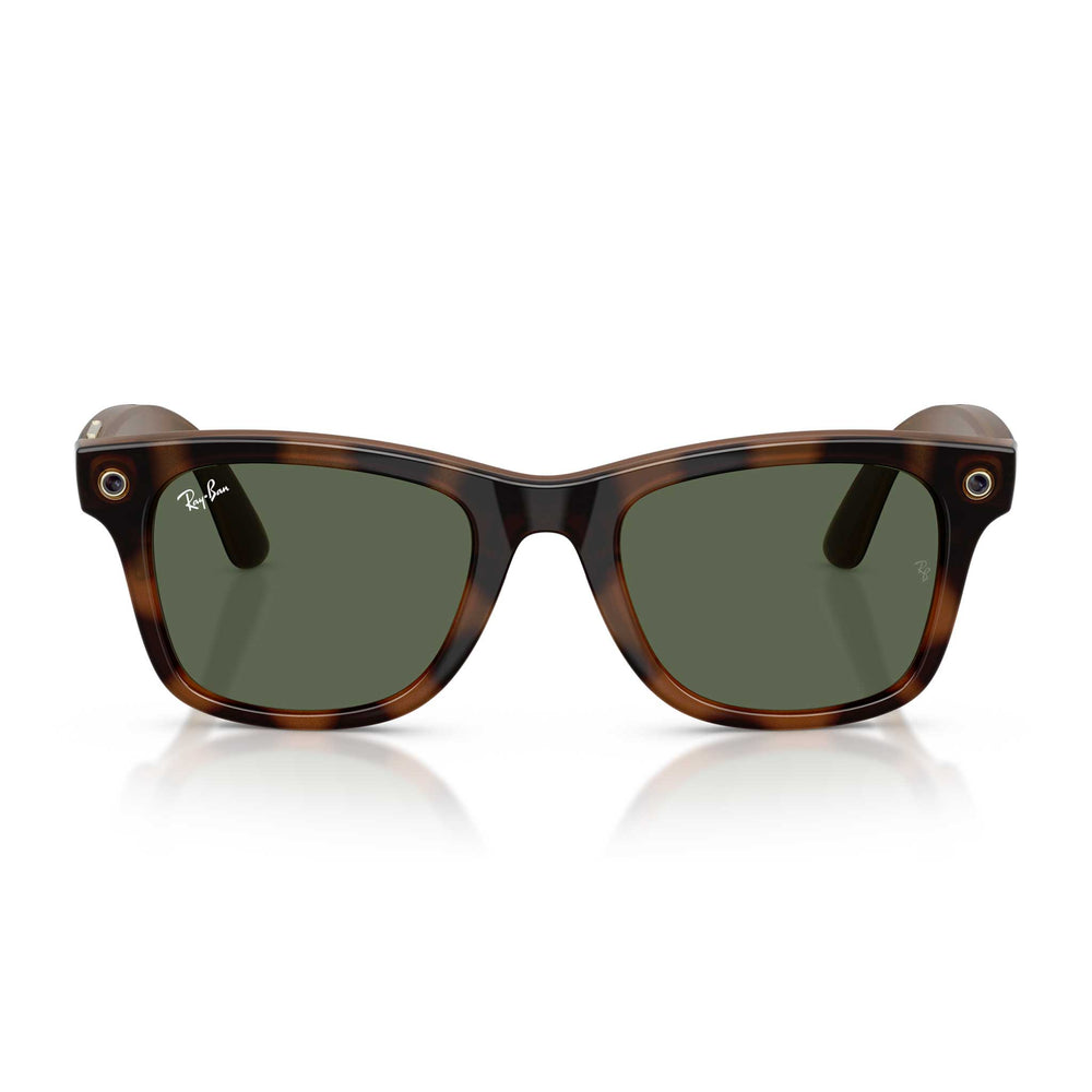 Ray-Ban Wayfarer-style sunglasses with a dark tortoiseshell frame and dark green lenses, shown against a clean white background with a subtle reflection.