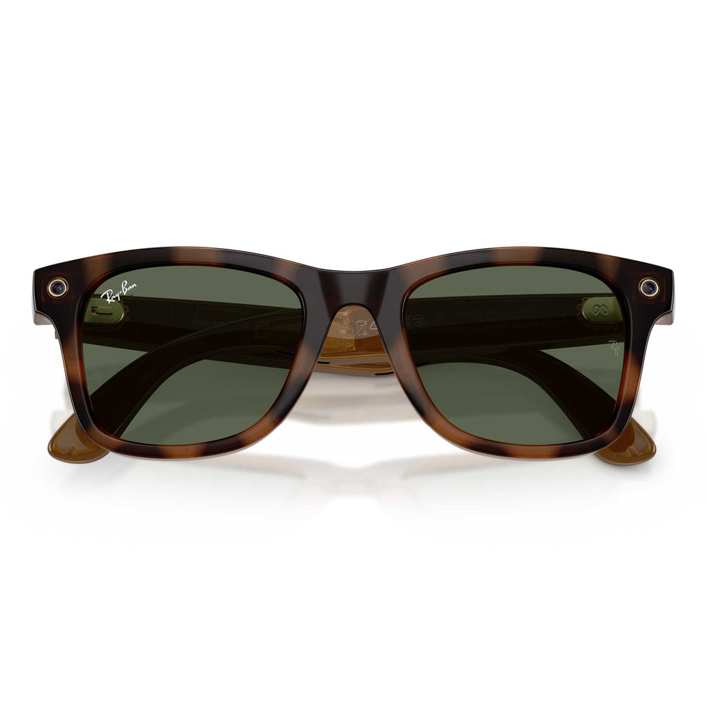 Ray-Ban Wayfarer-style sunglasses with a dark brown tortoiseshell acetate frame and dark green lenses, shown from the front on a white background.