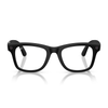 Black smart glasses with a thick rectangular frame and clear lenses, shown on a reflective white background.