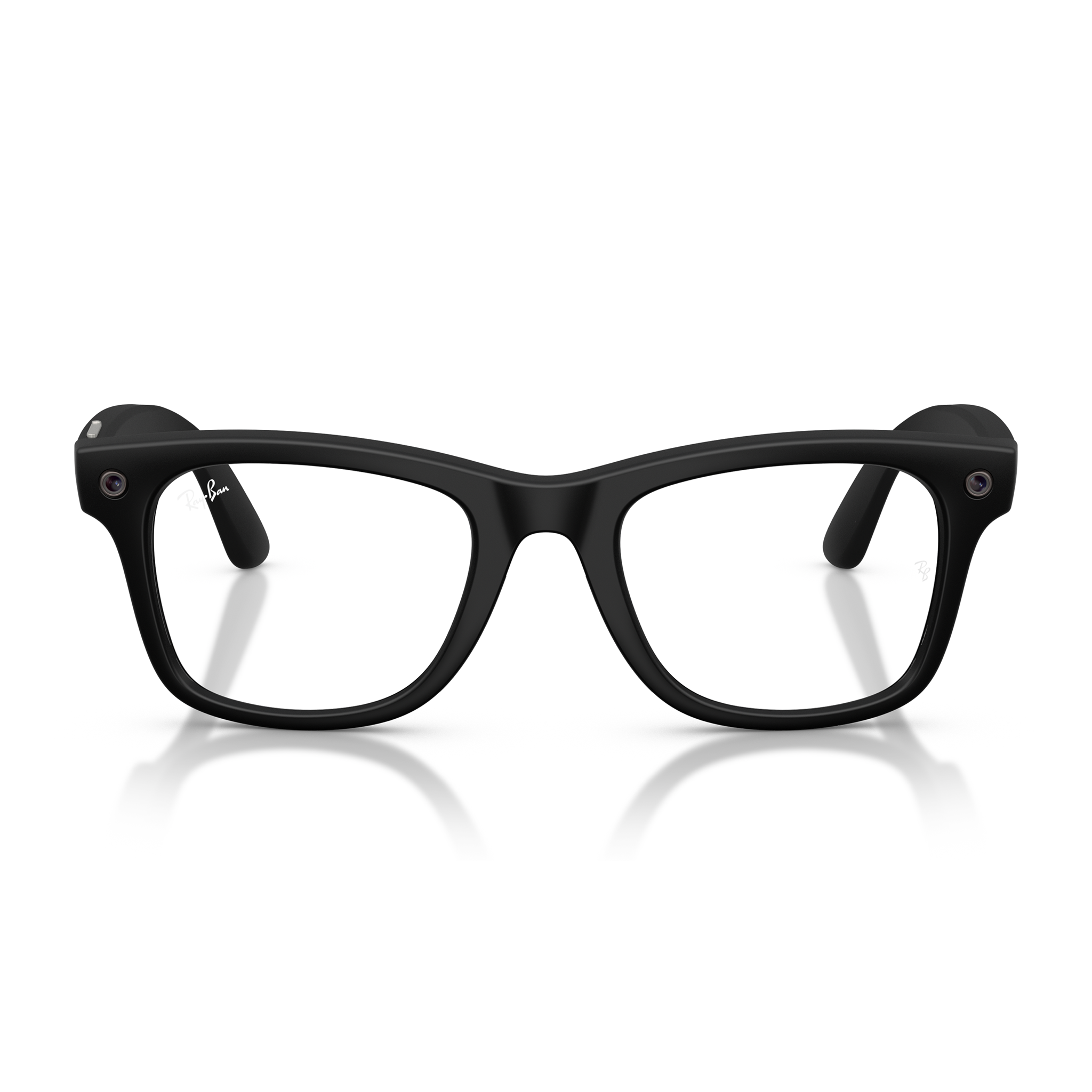 Black smart glasses with a thick rectangular frame and clear lenses, shown on a reflective white background.