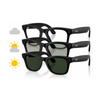 Three pairs of Ray-Ban Wayfarer sunglasses stacked diagonally on a white background, showing black frames with gray lenses, dark green lenses, and sun/cloud icons on the left.