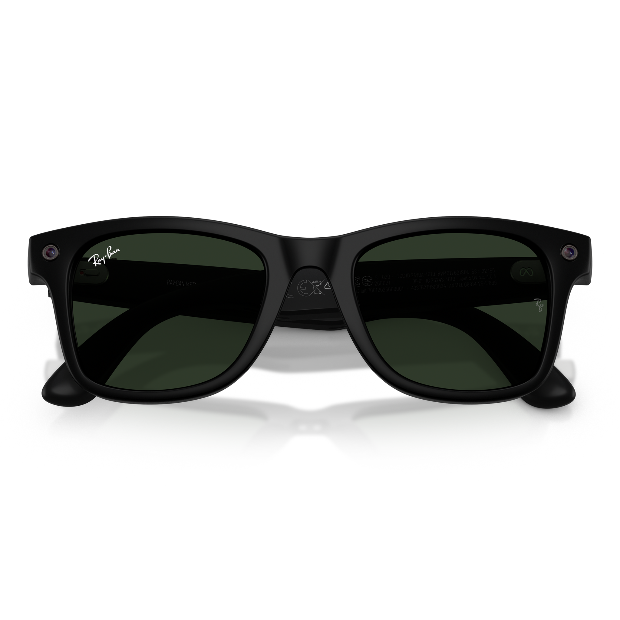 Ray-Ban Wayfarer sunglasses with a matte black frame and dark green lenses, shown from the front on a white background.