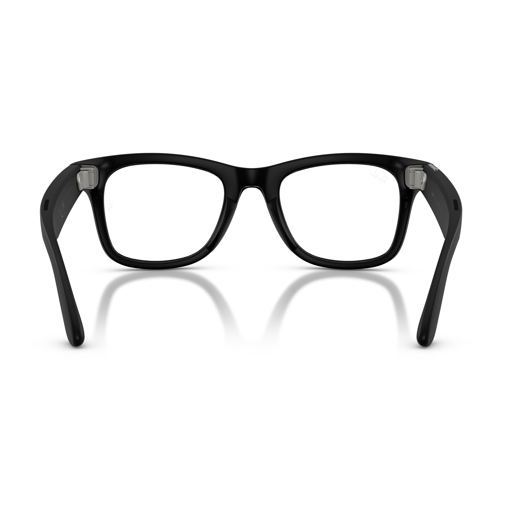 Black acetate frames with clear lenses, shown from the front on a white background with a soft reflection underneath.