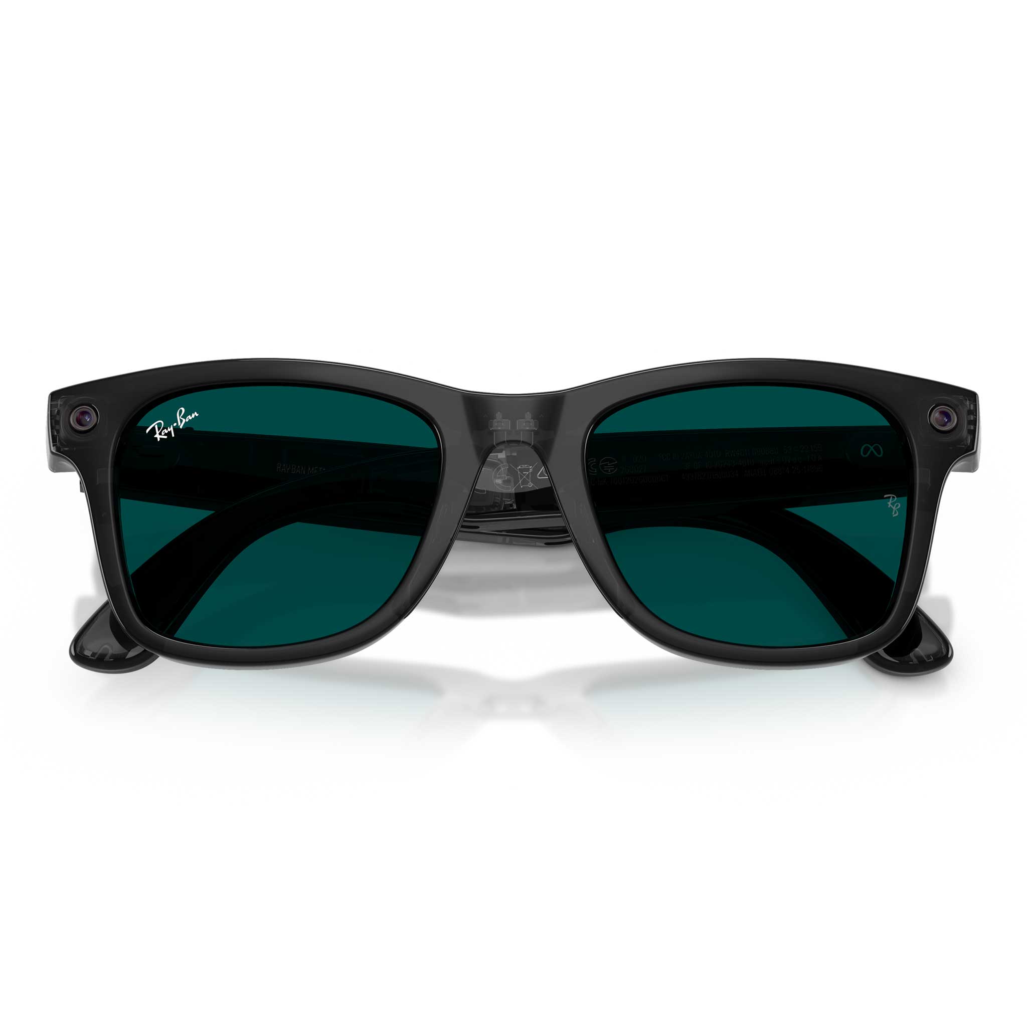 Ray-Ban Wayfarer-style sunglasses with a black frame and dark green lenses, shown from the front on a white background.