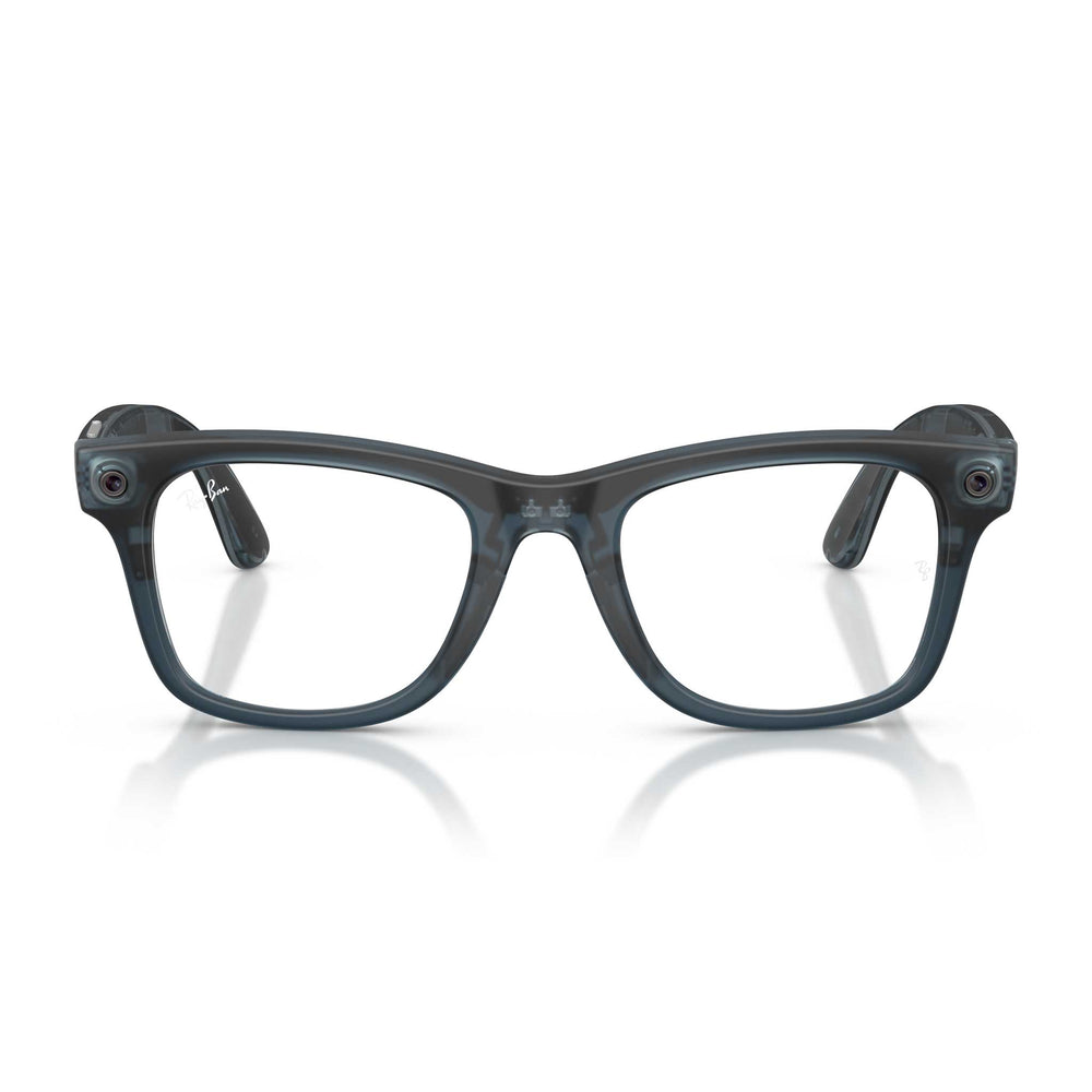 Smart eyeglasses with a translucent dark gray acetate frame, featuring built-in cameras on the outer temples, shown against a white background with a soft reflection.