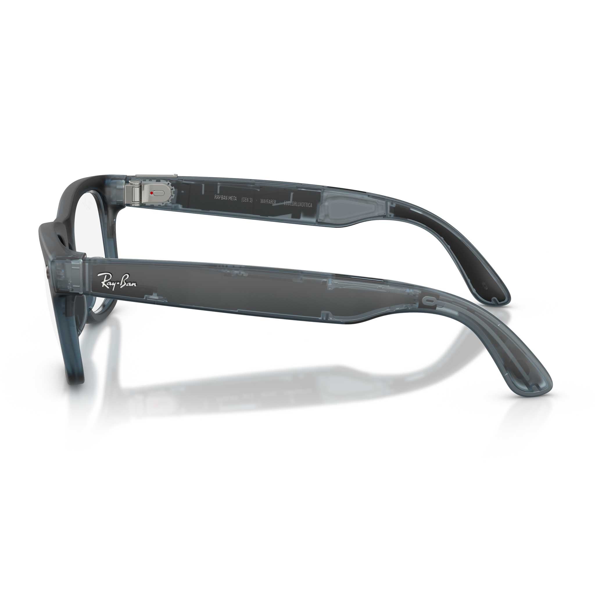 Ray-Ban sunglasses with a translucent dark gray acetate frame, shown from a side profile on a clean white background with a soft reflection.